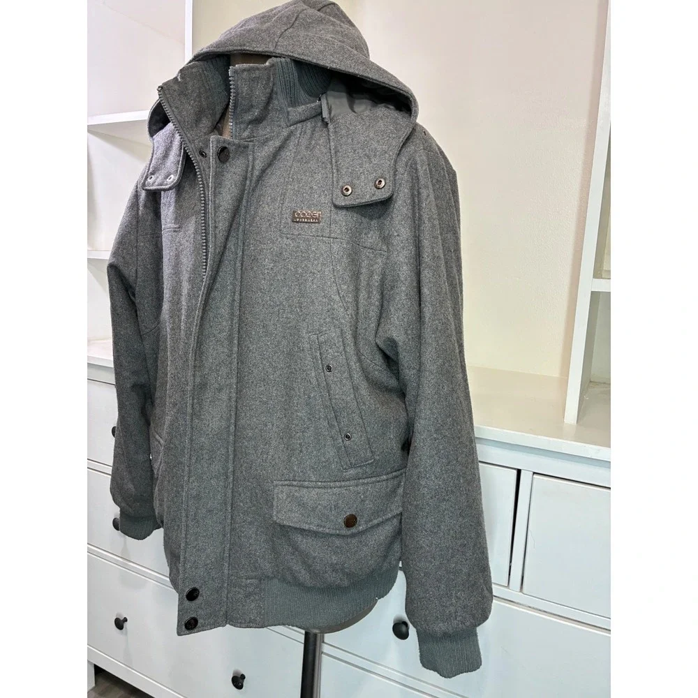 Coogi Mens‎ XL Gray Wool Blend Hooded Bomber Jacket Heavyweight Coat